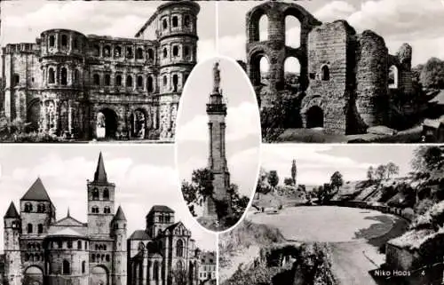 Ak Trier an der Mosel, Porta Nigra, Kaiserthermen, Dom, Liebfrauen-Basilika, Amphitheater, Säule