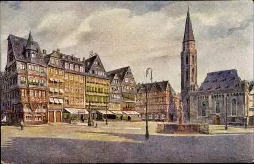 Künstler Ak Frankfurt am Main, Römerberg mit St. Nikolai Kirche