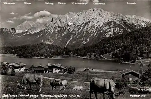 Ak Mittenwald in Oberbayern, Lautersee, Karwendelgebirge, Panorama, Brunnstein, Gerberkreuz