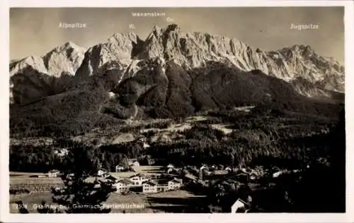 Ak Grainau in Oberbayern, Totalansicht, Alpspitze, Waxenstein, Zugspitze