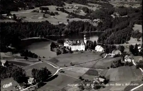 Ak Höglwörth Anger im Rupertiwinkel Oberbayern, Kloster, Fliegeraufnahme, See, Autobahn