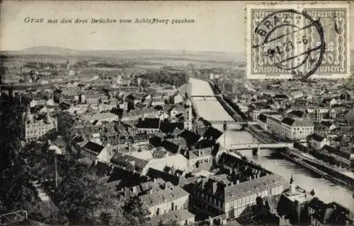 Ak Graz Steiermark, Panorama vom Schlossberg, drei Brücken