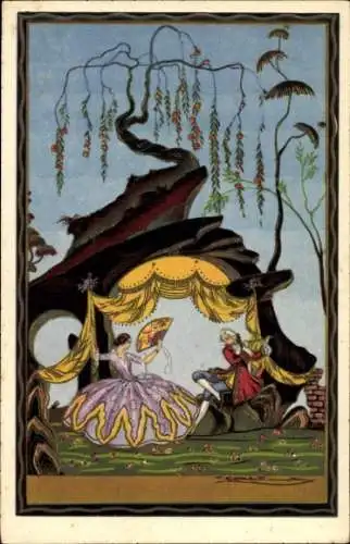 Künstler Ak Corbella, T., Liebespaar, Dame mit Fächer