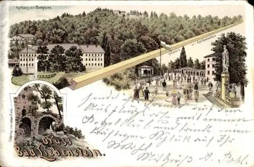 Litho Bad Liebenstein im Wartburgkreis, Kurhaus, Burgruine, Kurplatz, Greifenbrunnen, Burg