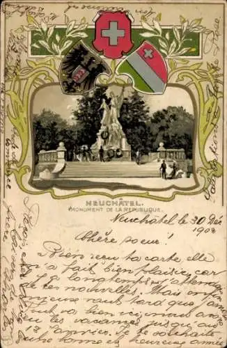 Präge Passepartout Wappen Litho Neuenburg Stadt Neuenburg, Denkmal der Republik