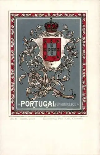 Wappen Litho Königreich Portugal, Paul Kohl Chemnitz No. 16