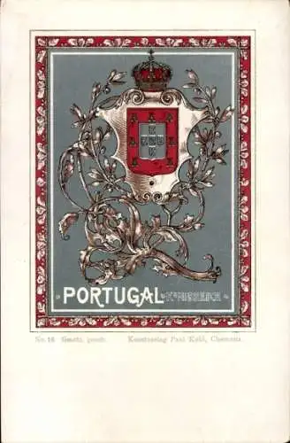 Wappen Litho Königreich Portugal, Paul Kohl Chemnitz No. 16