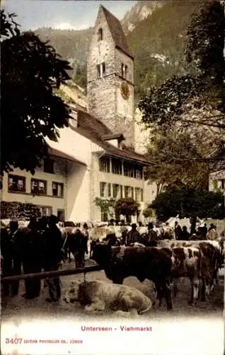 Ak Unterseen Kt. Bern Schweiz, Viehmarkt, Rinder, Kirchturm