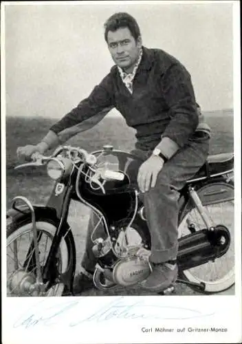 Ak Schauspieler und Maler Carl Möhner, Gritzner Monza Motorrad, Portrait, Autogramm