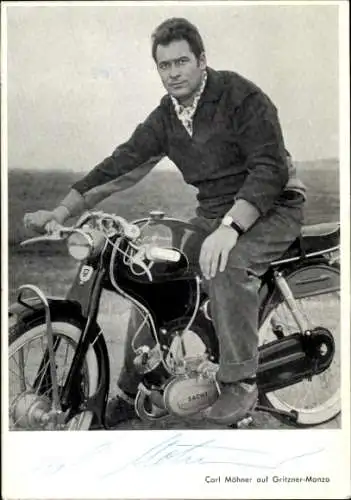 Ak Schauspieler und Maler Carl Möhner, Gritzner Monza Motorrad, Portrait, Autogramm