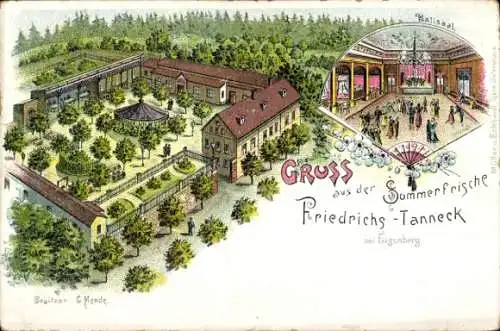 Litho Friedrichstanneck Eisenberg in Thüringen, Gartenwirtschaft, Ballsaal