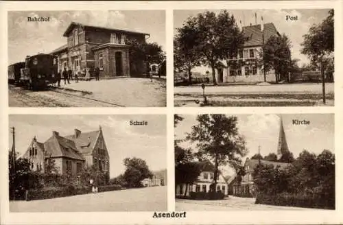 Ak Asendorf in der Nordheide, Bahnhof, Post, Schule, Kirche