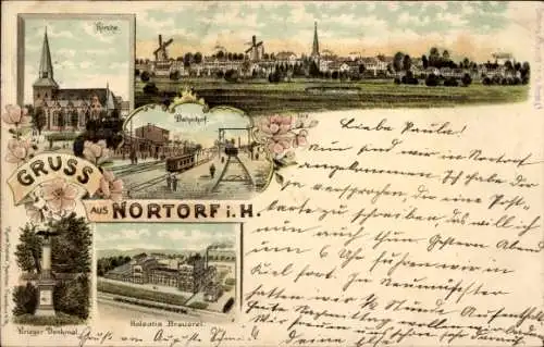 Litho Nortorf in Holstein, Kirche, Bahnhof, Kriegerdenkmal, Holsatia-Brauerei