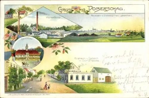 Litho Doberschau Gaußig Oberlausitz, Papierfabrik, Schloss, Restaurant, Dorfstraße