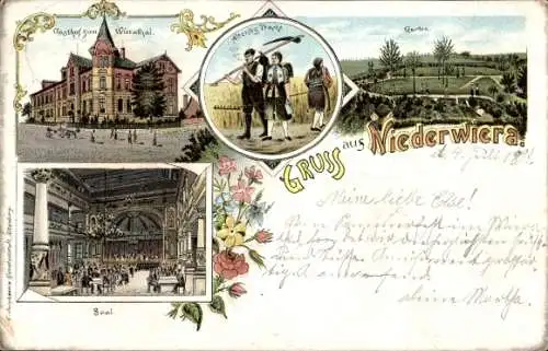 Litho Niederwiera Oberwiera in Sachsen, Gasthof zum Wieratal, Bauern in Altenburger Trachten