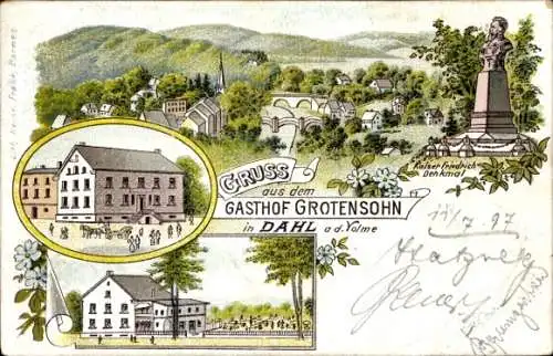 Litho Dahl Hagen in Westfalen, Gasthof Grotensohn, Kaiser-Friedrich-Denkmal