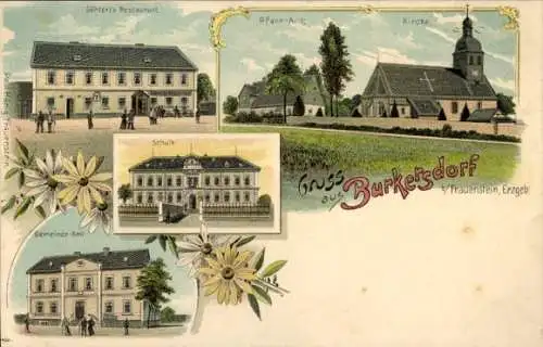 Litho Burkersdorf Frauenstein im Erzgebirge, Göhlers-Restaurant, Schule, Kirche