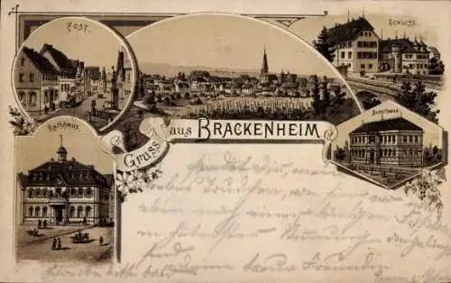 Litho Brackenheim an der Zaber Württemberg, Post, Rathaus, Schloss, Schulhaus