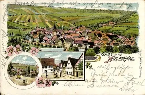 Litho Niedernhall im Hohenlohekreis, Gesamtansicht, Häuser