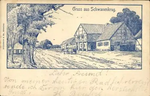 Litho Schwanenkrug Schönwalde Glien Havelland, Straße, Fuhrwerk, Häuser