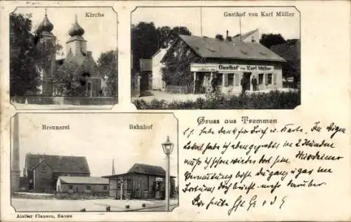 Ak Tremmen Ketzin an der Havel, Bahnhof, Brennerei, Kirche, Gasthof von Karl Müller