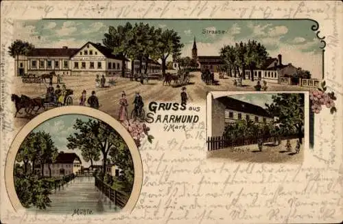 Litho Saarmund in der Mark, Mühle, Schule, Straße