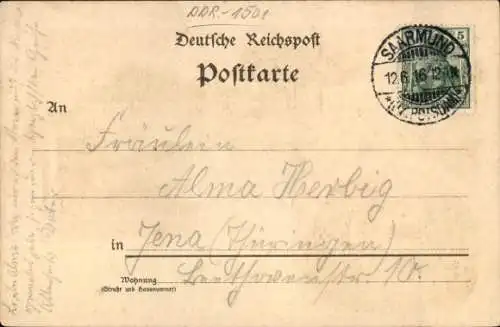 Litho Saarmund in der Mark, Mühle, Schule, Straße