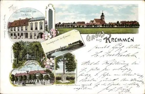 Litho Kremmen im Kreis Oberhavel, Sittels Hotel zum Landhause, Rathaus, Eisenbahnbrücke