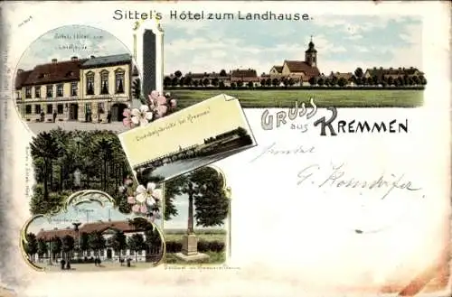 Litho Kremmen im Kreis Oberhavel, Sittels Hotel zum Landhause, Rathaus, Eisenbahnbrücke