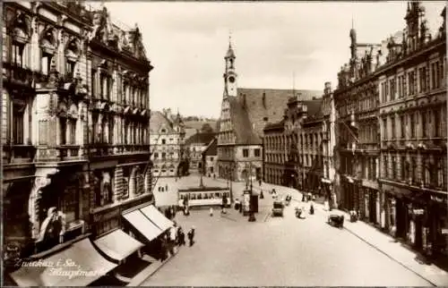 Ak Zwickau in Sachsen, Partie am Hauptmarkt, Rathaus, Straßenbahn