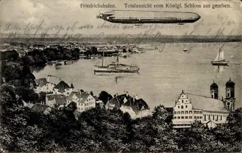 Ak Friedrichshafen am Bodensee, Totalansicht, Zeppelin, Königliches Schloss