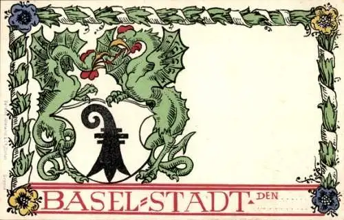 Wappen Ak Kanton Basel Stadt Schweiz, Drache mit Hahn-Kopf