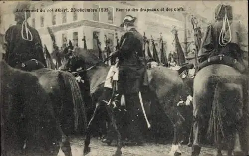 Ak Avenement du roi Albert 1909, König Albert I. von Belgien, Thronbesteigung, Remise des drapeaux