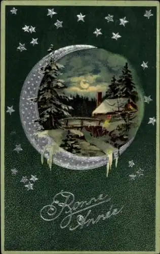 Präge Litho Glückwunsch Neujahr, Winterlandschaft, Mond, Sterne