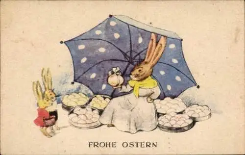 Ak Glückwunsch Ostern, Vermenschlichte Hasen, Eierverkäuferin