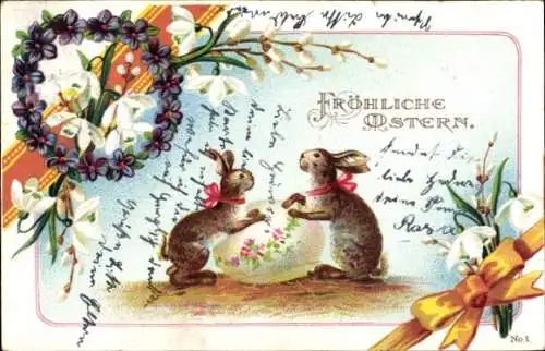 Litho Glückwunsch Ostern, Zwei Hasen mit einem Ei, Schneeglöckchen