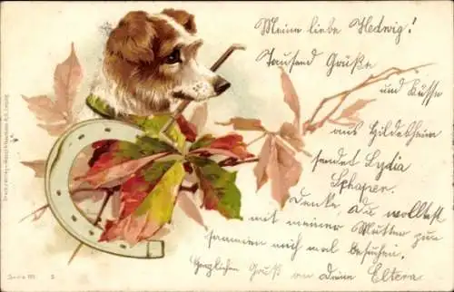 Litho Hund und Hufeisen, Herbstlaub