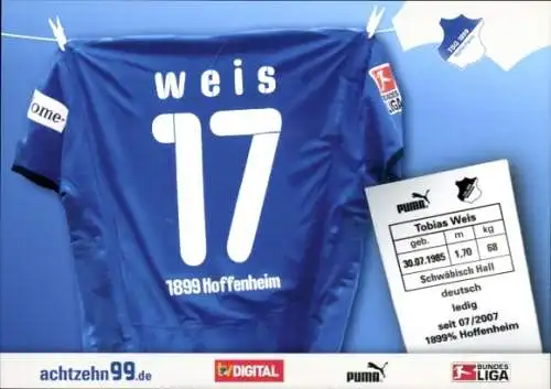 Autogrammkarte Fußballspieler Tobias Weis, TSG 1899 Hoffenheim, Autogramm