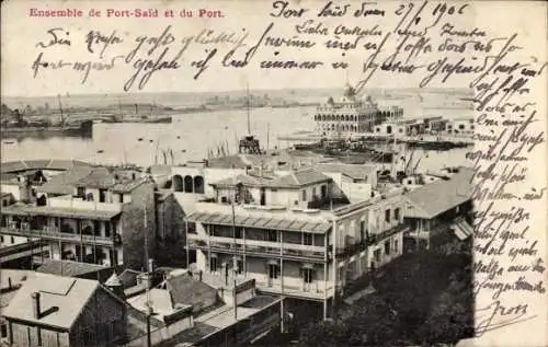 Ak Port Said Ägypten, Blick auf die ganze Stadt und den Hafen