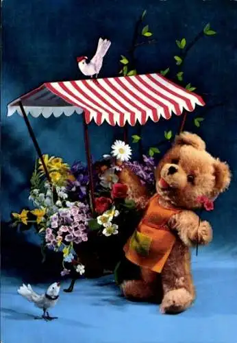 Ak Teddybär, Teddy, Blumenstand, Vögel