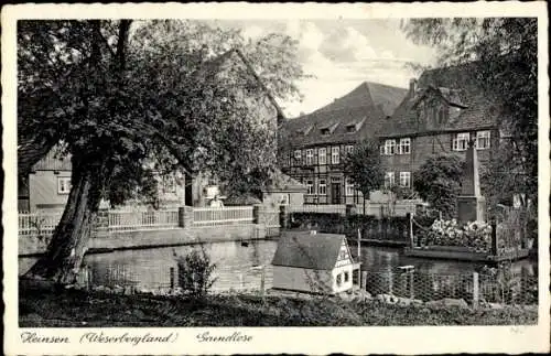 Ak Heinsen an der Weser, Grundlose, Fachwerkhaus, Brücke