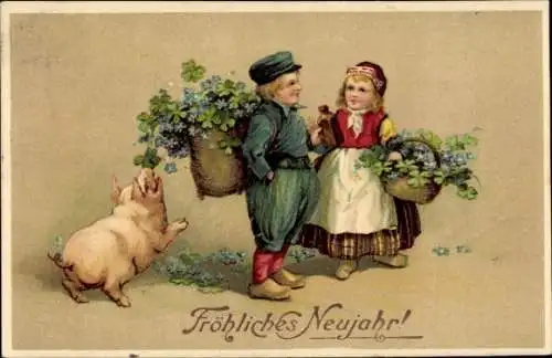 Präge Ak Glückwunsch Neujahr, Kinder mit Körben, Klee, Schwein