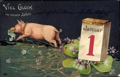 Ak Glückwunsch Neujahr, Schwein, Kleeblatt, Kalender, 1 Januar