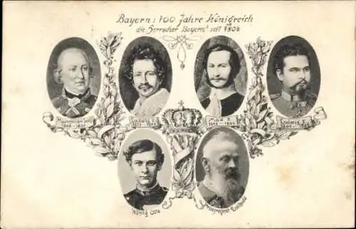 Ak 100 Jahre Königreich Bayern, Prinzregent Luitpold von Bayern, König Otto, Ludwig II