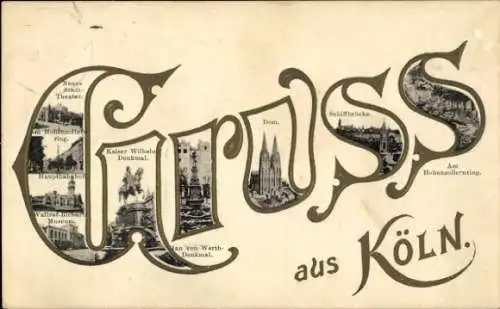 Präge Buchstaben Ak Köln am Rhein, Dom, Schiffbrücke, Hohenzollernring, Denkmal, Museum