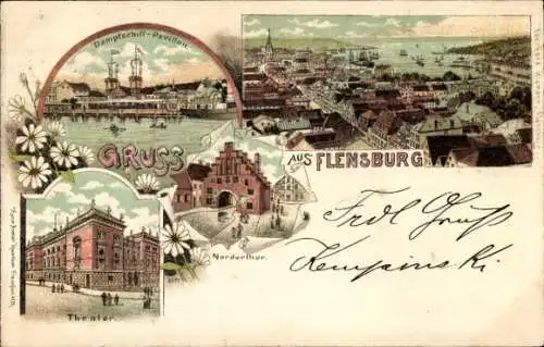 Litho Flensburg in Schleswig Holstein, Dampfschiffpavillon, Nordertor, Theater