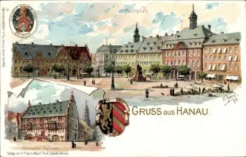 Präge Wappen Künstler Litho Joost, R., Hanau Main Kinzig Kreis, Rathaus, Marktplatz