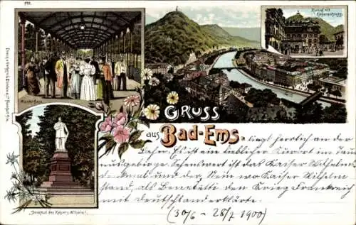 Litho Bad Ems an der Lahn, Wandelbahn, Kurhof, Kaiserwohnung, Kaiser Wilhelm I. Denkmal