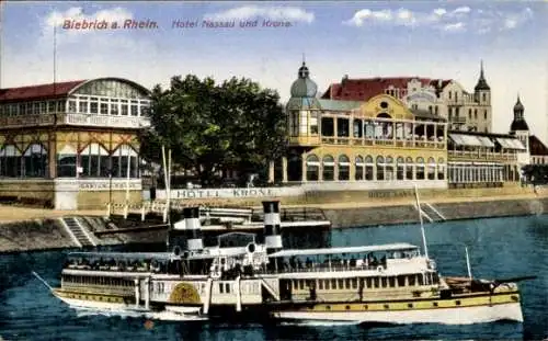 Ak Biebrich am Rhein Wiesbaden, Hotel Nassau, Hotel Krone, Dampfschiff