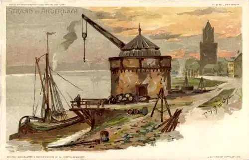 Künstler Litho Schmohl, P., Andernach im Landkreis Mayen Koblenz, Partie am Strand, Kran